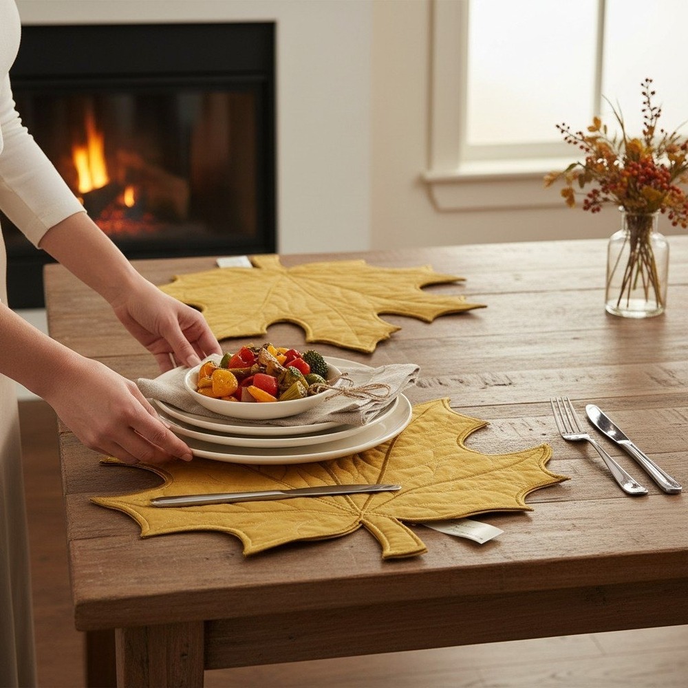 Inspired Treasures Placemats Set of 2 Gold Maple Leaf Brand New Fall Decor 17x17